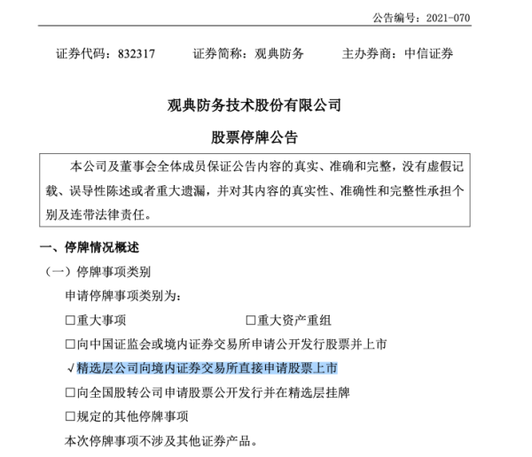宏粤配资 精选层首家“官宣”转板公司出炉，观典防务停牌拟转科创板